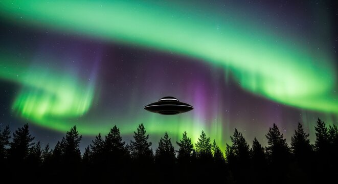Unidentified flying object under the mesmerizing auroral display in the night sky