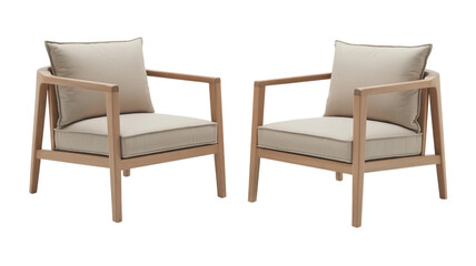 Pair of modern light wood frame armchairs with beige cushions