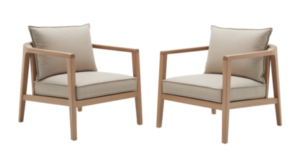 Pair of modern light wood frame armchairs with beige cushions