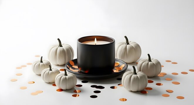 White pumpkins and black candle halloween autumn fall decor still life image - Powered by Adobe