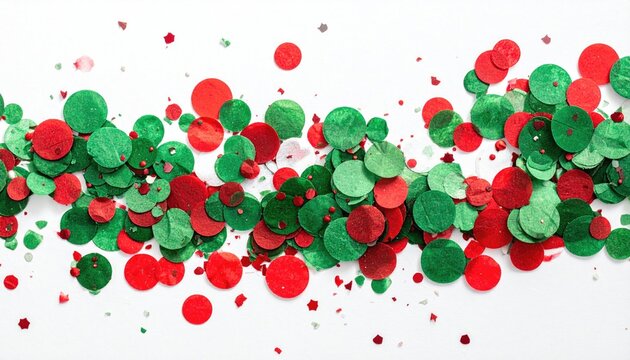 Festive red and green circular confetti scattered across a clean white background.
