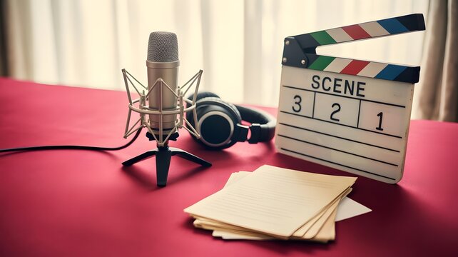 Dynamic podcasting setup complete with microphone and clapperboard for movie magic production scenes