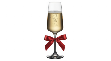 Champagne flute with red ribbon bow filled with bubbly golden liquid isolated on a transparent background
