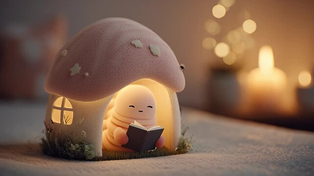 Cozy centipede cartoon reading a book in a mushroom house at night