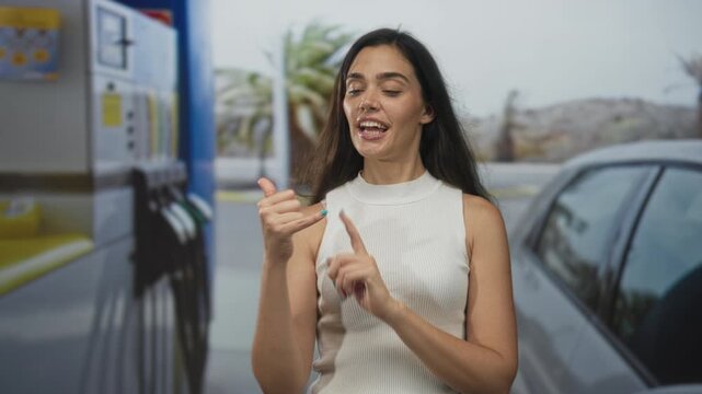 Young hispanic woman uses a thumb and pinky call gesture beside a gas pump at an outdoor gas station; playfulness.