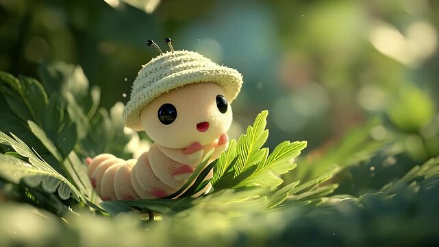 Adorable plush centipede cartoon sitting on bright green leaves