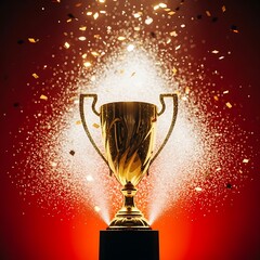 Golden trophy awarded to a winner with a burst of confetti and light, symbolizing achievement and success in a competition, championship, or award ceremony