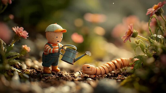 Cute centipede cartoon being watered by a miniature gardener figure