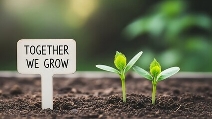 Two young plant sprouts emerge from rich soil, symbolizing collaborative growth and the power of teamwork in nurturing new beginnings and future development