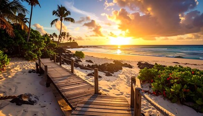 Scenic beach view during golden hour with wooden walkway and palm trees