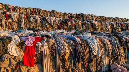 Mountains of discarded clothing piled high in a massive textile waste dump, highlighting the environmental impact of fast fashion and consumerism