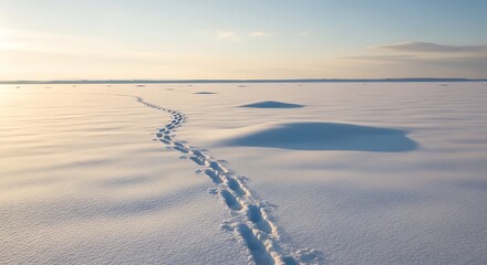A solitary path of footprints winds across a vast snow covered landscape under a soft hazy sky