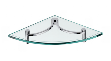 Clear glass corner shelf with polished chrome supports isolated on a transparent background