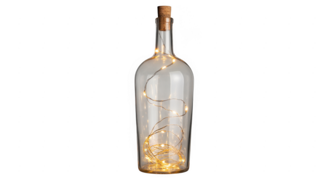 Clear glass bottle with cork stopper filled with warm white fairy lights isolated on a transparent background