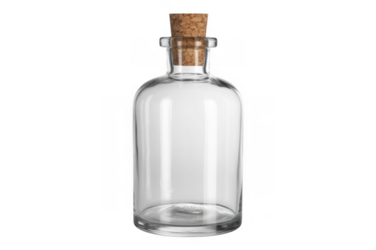 Clear glass bottle with cork stopper and rounded body isolated on a transparent background