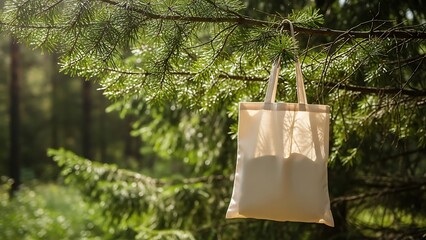 Eco-friendly canvas tote bag hanging from a pine tree branch in a serene forest setting, promoting sustainability and conscious consumerism