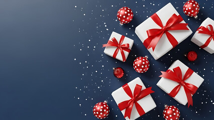 Elegant festive background with beautifully wrapped white gift boxes and sparkling red ornaments on a deep blue backdrop, perfect for holiday promotions and seasonal greetings