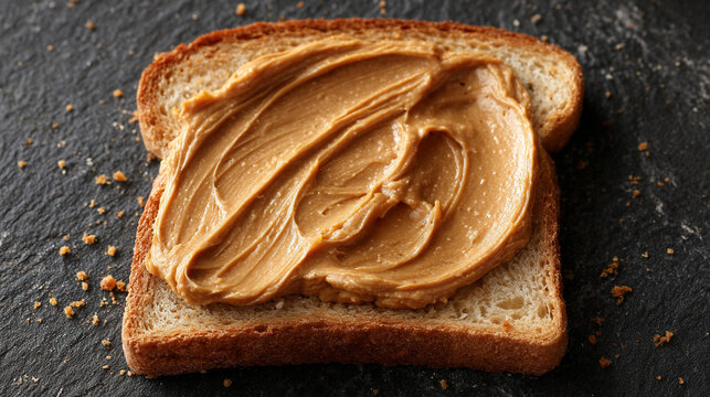Slice of toasted bread with a creamy peanut butter smear, symbolizing comfort, simple nourishment, everyday breakfast, homemade snack, and the warm, satisfying appeal of classic foods.