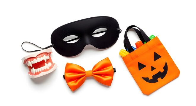 Halloween costume accessories including mask teeth bow tie and pumpkin bag flatlay