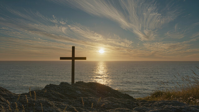 tranquil coastal scene with memorial cross, calm marine landscape featuring wooden cross at sunset