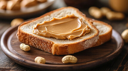 Slice of toasted bread with a creamy peanut butter smear, symbolizing comfort, simple nourishment, everyday breakfast, homemade snack, and the warm, satisfying appeal of classic foods.
