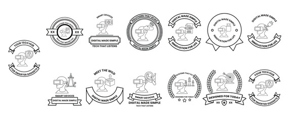 A collection of black and white logos with a ribbon in the background