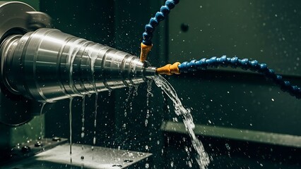 Precision Engineering Close-up of metal lathe machining process with coolant spraying on the rotating metal part