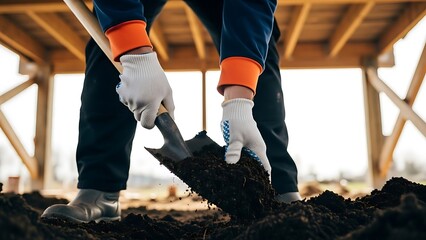 Person diligently shoveling rich earth, actively participating in ground preparation for planting or construction, highlighting essential manual labor and dedication to outdoor tasks