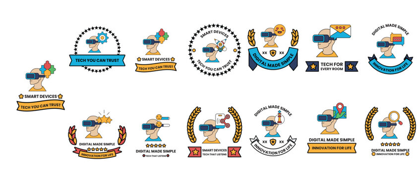 A collection of badges with a man in a virtual reality headset