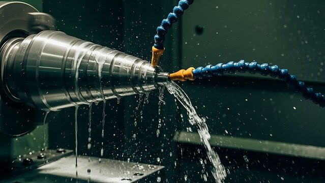 Precision Engineering Close-up of metal lathe machining process with coolant spraying on the rotating metal part