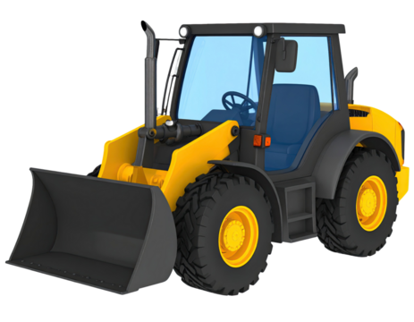 Powerful front loader with large bucket and rugged wheels designed for construction, material handling, and heavy-duty earthmoving tasks isolated on white background