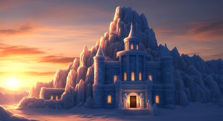 Majestic ice castle nestled amidst snow-capped mountains illuminated by golden sunset sky