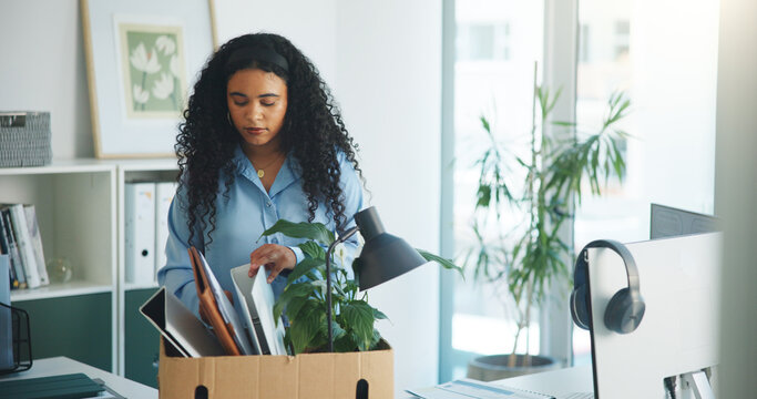 Unemployed, woman or packing with box for leaving work, contract termination or layoff in finance agency. Person, gathering items or office supplies in container for job loss, retrenchment or ponder.