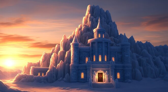 Majestic ice castle nestled amidst snow-capped mountains illuminated by golden sunset sky - Powered by Adobe