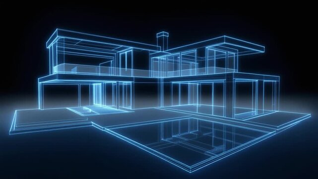 Digital Wireframe Rendering of a Luxurious Contemporary House Blueprint