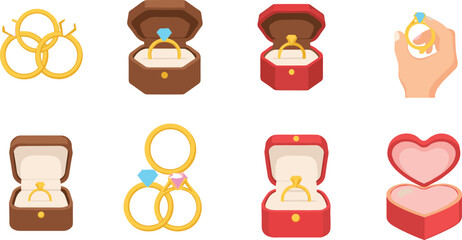 Flat Vector Illustration Set of Home Furniture and Appliances Including Kitchen Cabinets, Dining Table, Refrigerator, Television, and Bedroom Set