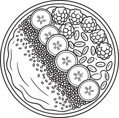 Black and white line drawing of a bowl of fruit and seeds banana raspberry