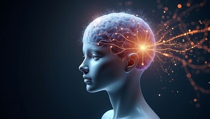 Obraz premium A smooth mannequin-like head with glowing neural waves spreading on both sides, forming interconnected lines, digital nodes, and abstract signal patterns.