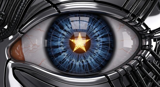 Futuristic mechanical eye with glowing golden star in a digital blue iris