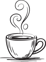 Black and white sketch of a steaming coffee cup with swirling steam drink
