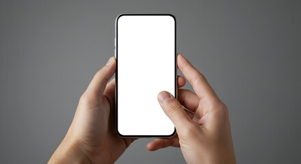 Hands using modern frameless smartphone with blank screen for application display