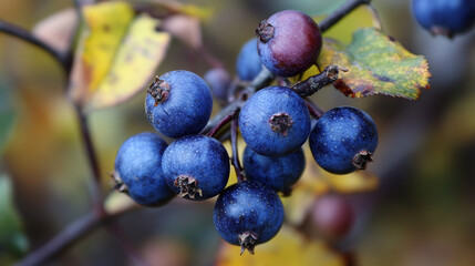 Close-up of ripe sloes or blackthorn berries (Prunus spinosa) on branches, symbolizing wild nature, resilience, seasonal harvest, and natural beauty with deep blue-purple tones.