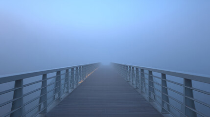 Minimal pedestrian bridge fading into soft morning fog, calm urban atmosphere. Long minimalist pedestrian bridge disappearing into morning fog, soft diffused light, calm atmosphere.