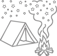 Black outline camping tent and campfire with scattered stars and smoke vector
