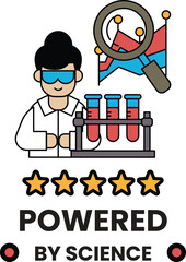 A woman in a lab coat is holding a magnifying glass