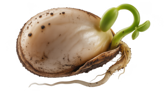Close up of a light brown seed with a green sprout and white roots emerging isolated on a transparent background - Powered by Adobe