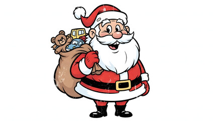 Obraz premium Cartoon depiction of Santa Claus carrying a bag full of toys, wearing his traditional red suit and hat.
