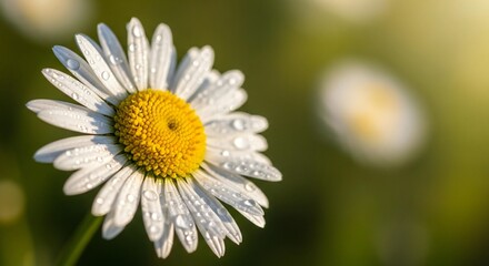 Fototapeta premium Delicate daisy close-up with glistening water droplets under the gentle sunlight nature