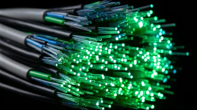 Bundles of fiber optic cables with exposed tips glow with bright blue and green light dots, forming a dense shimmering cluster against a black background