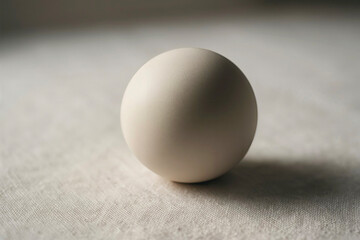 Photorealistic close-up of a single, perfectly smooth, matte ceramic sphere resting on a pure white, textured linen surface. Soft, directional natural light from the side, extreme shallow depth of fie